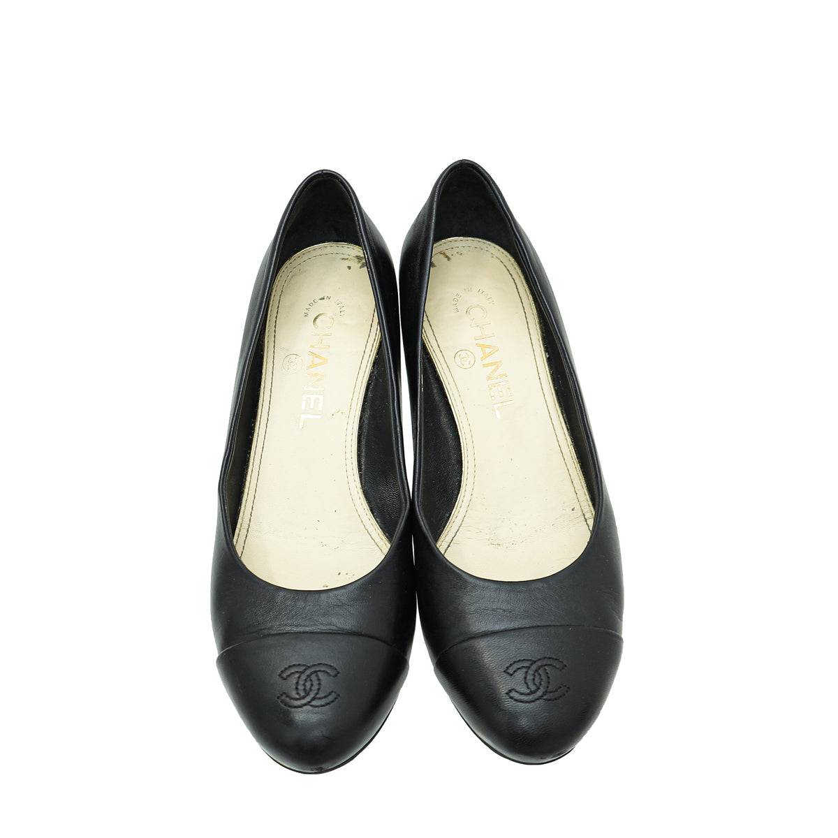 Chanel Black CC Cap Toe Pearl Heel Pump 37
