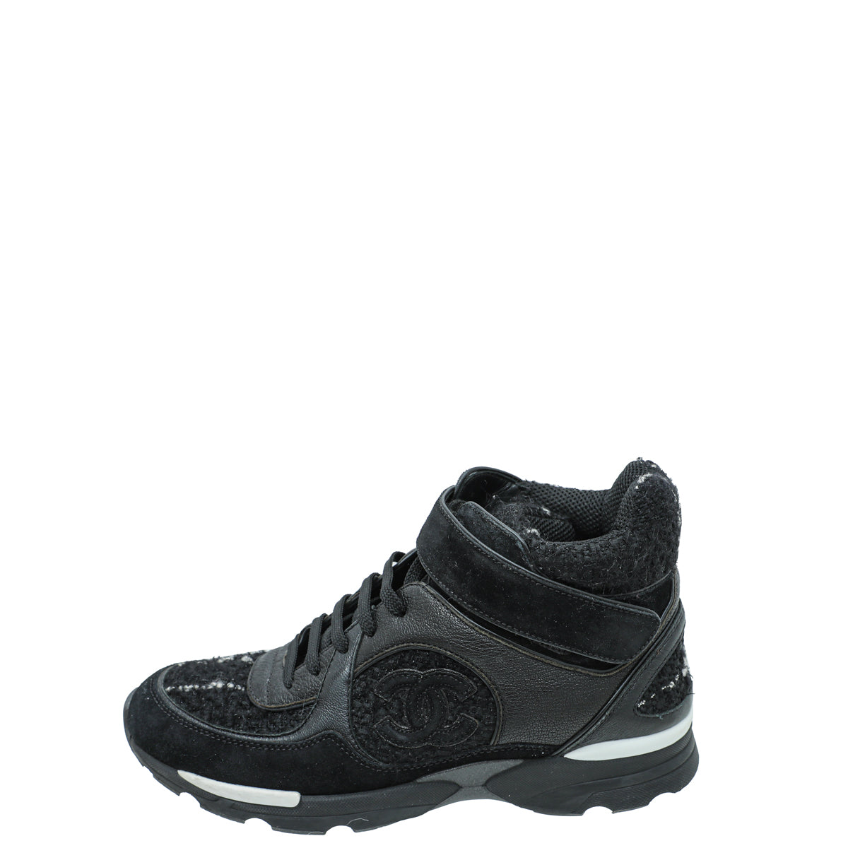 Chanel Black CC Tweed High Cut Sneakers 38.5
