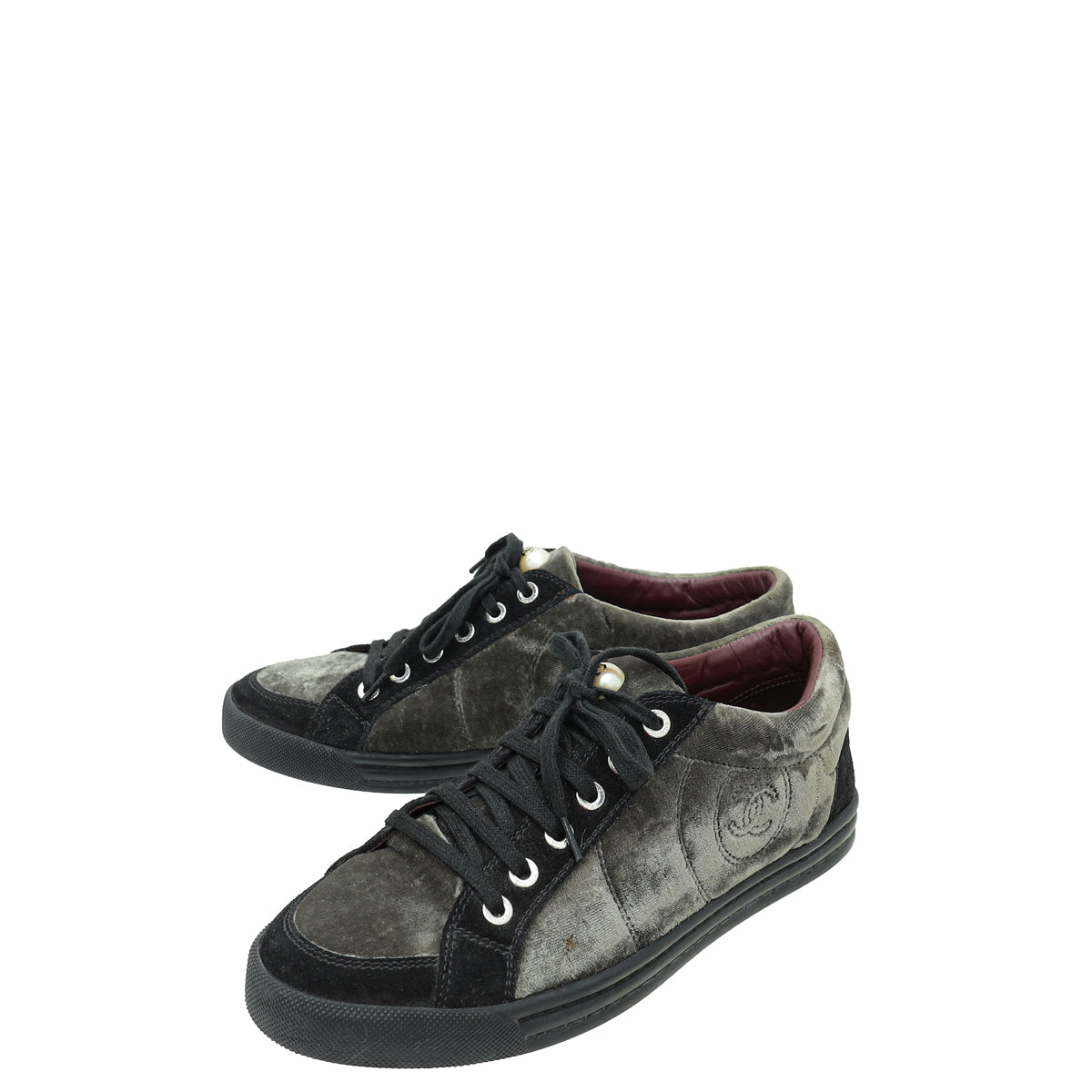 Chanel Bicolor CC Pearl Velvet Suede Lace Up Sneakers 38.5
