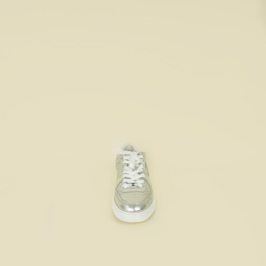Chanel Metallic Silver CC Trainer Sneaker 38.5