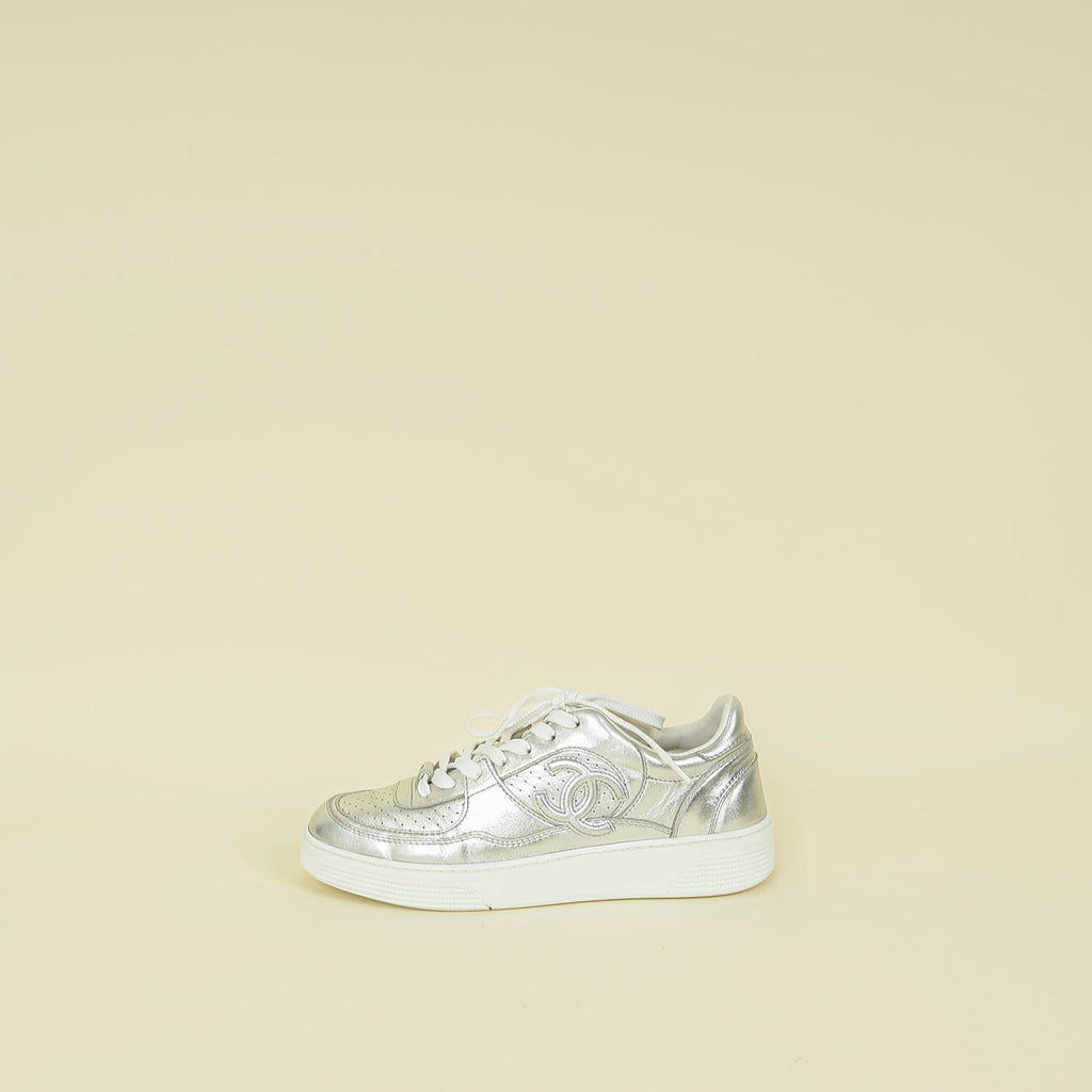 Chanel Metallic Silver CC Trainer Sneaker 38.5