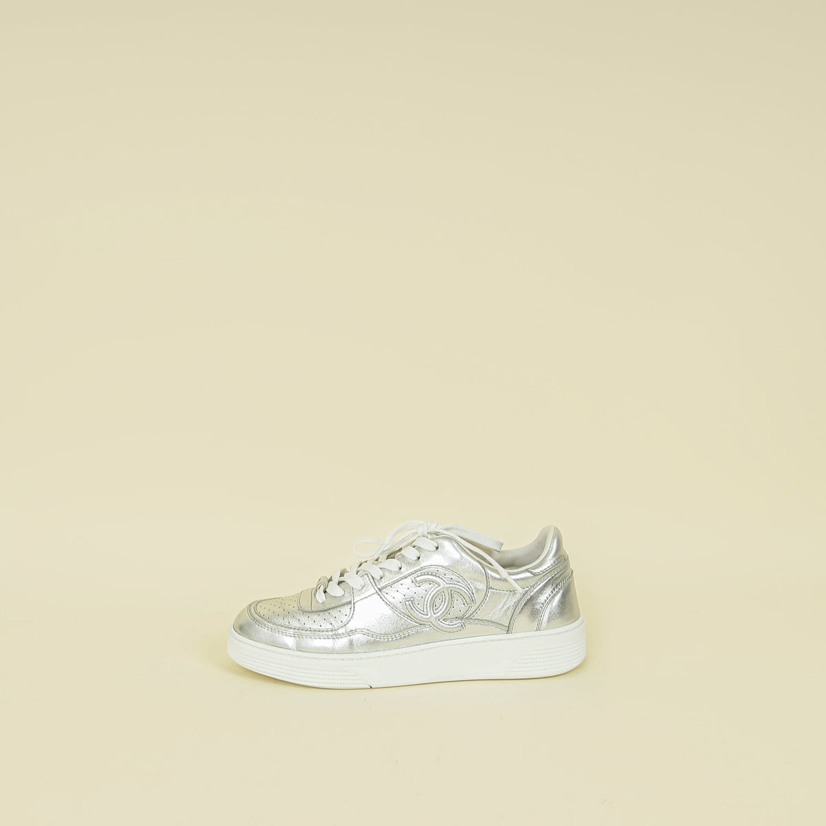 Chanel Metallic Silver CC Trainer Sneaker 38.5