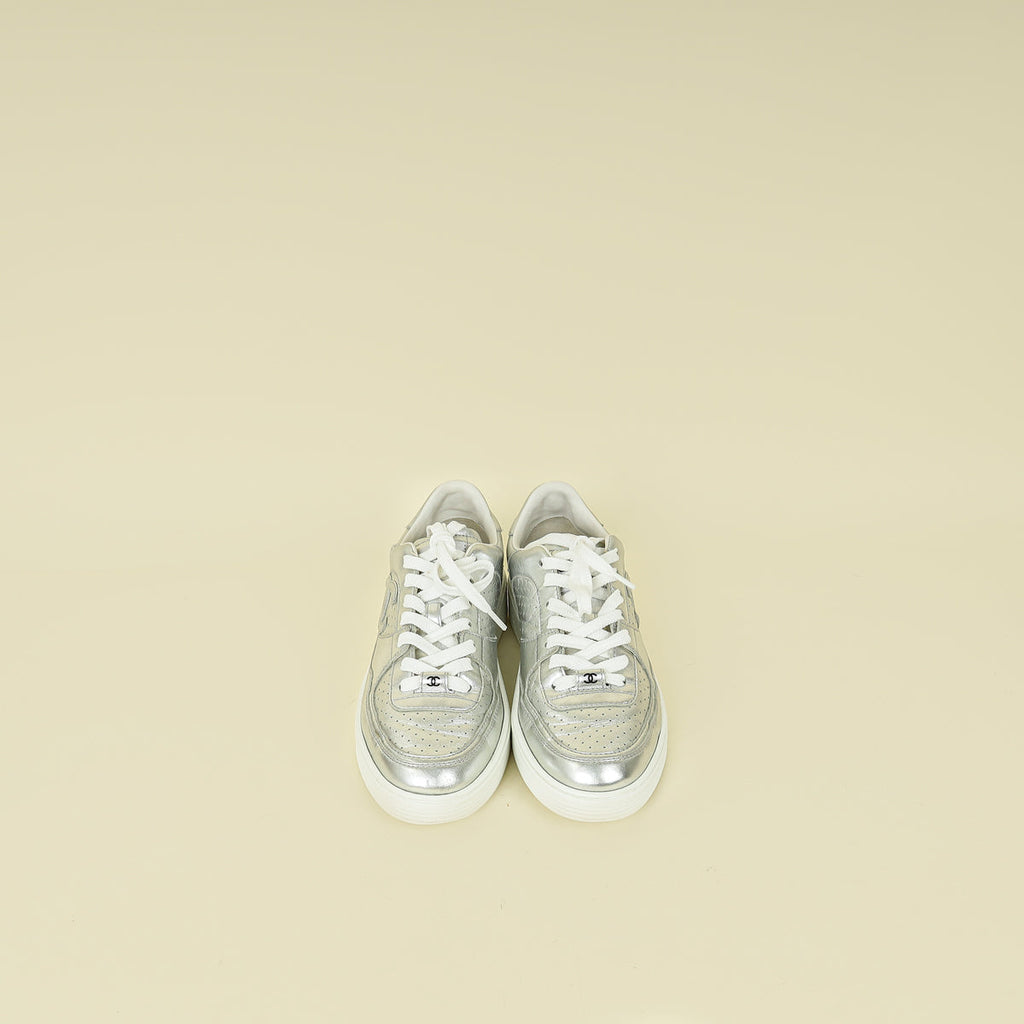 Chanel Metallic Silver CC Trainer Sneaker 38.5