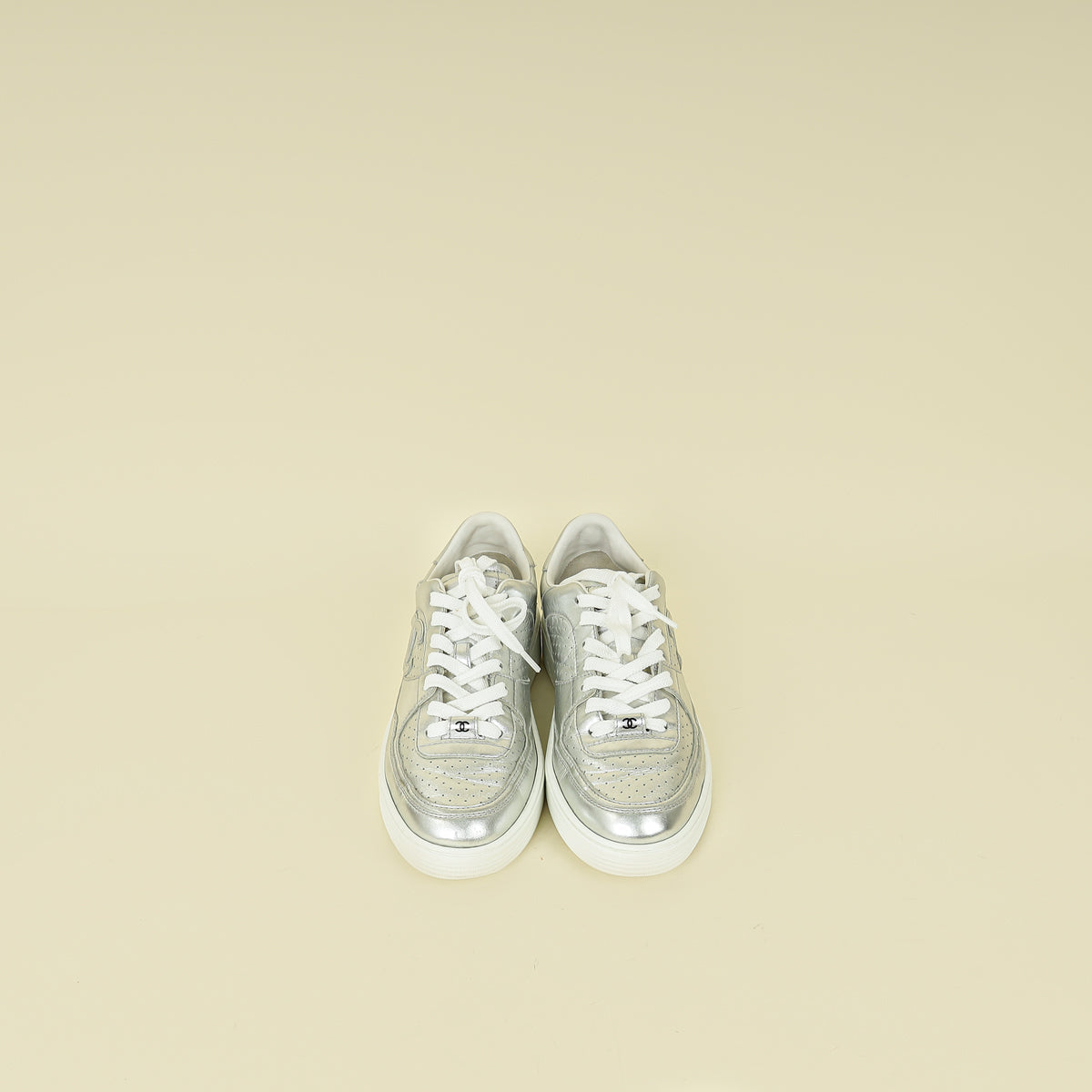Chanel Metallic Silver CC Trainer Sneaker 38.5