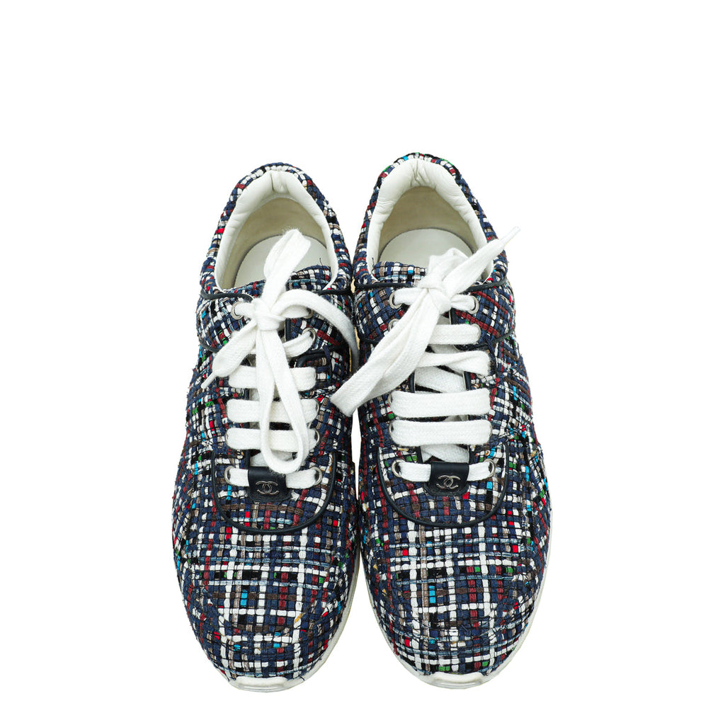 Chanel Blue Multicolor CC Tweed Trainer Sneaker 38.5