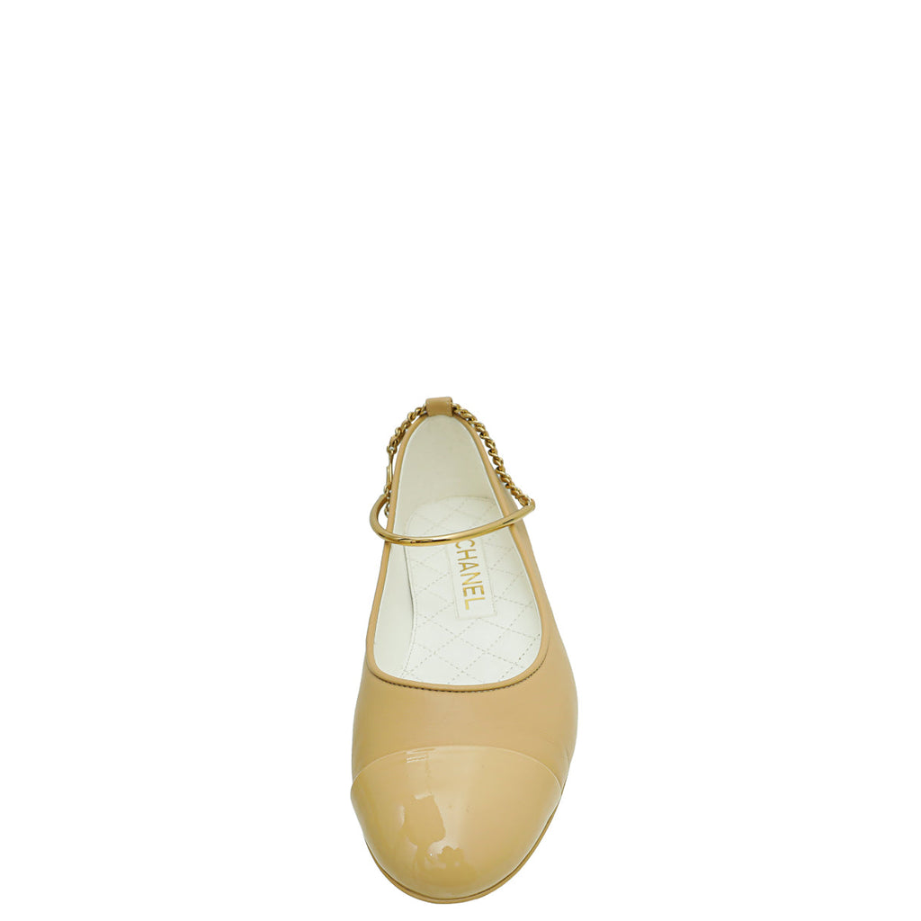 Chanel Beige CC Cap Toe Ankle Chain Ballerina Flats 38