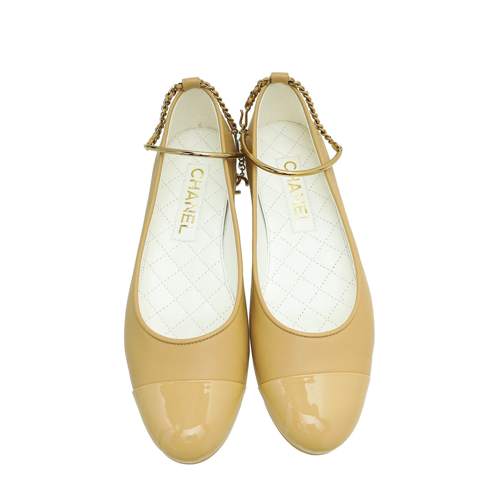 Chanel Beige CC Cap Toe Ankle Chain Ballerina Flats 38
