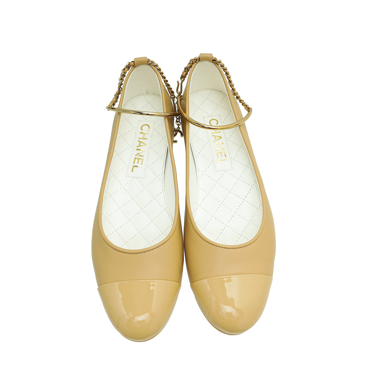 Chanel Beige CC Cap Toe Ankle Chain Ballerina Flats 38