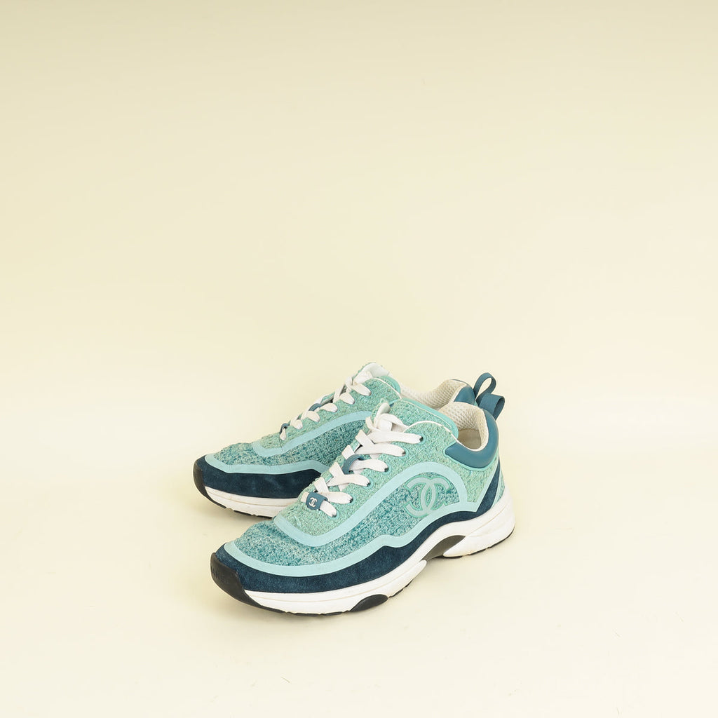 Chanel Mint Green CC Tweed Lace Up Sneakers 38