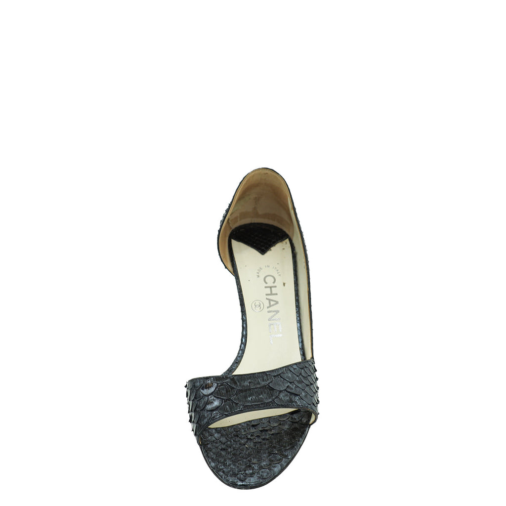 Chanel Metallic Black CC Python Peep Toe Pump 38