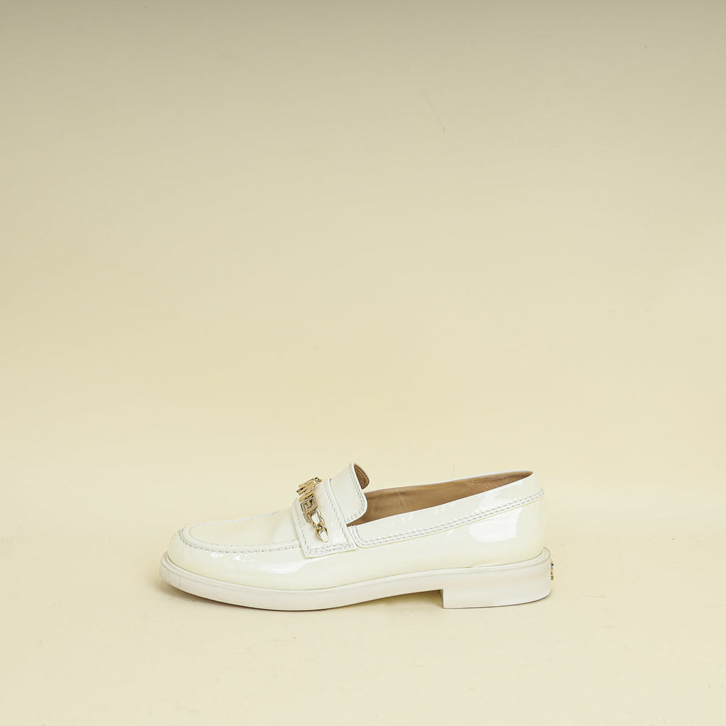 Chanel White Ivory Logo Patent Moccasins 39.5