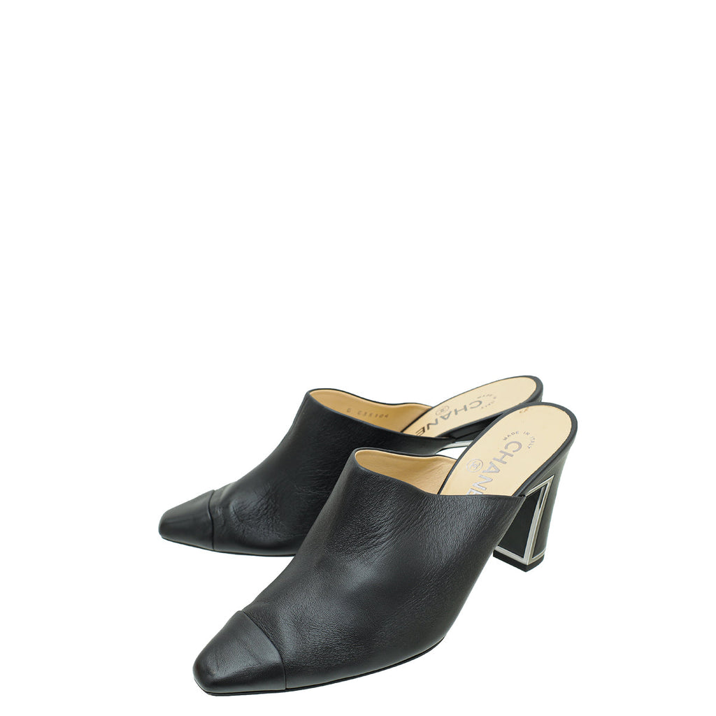 Chanel Black Pointed Cap Toe Mules 39.5