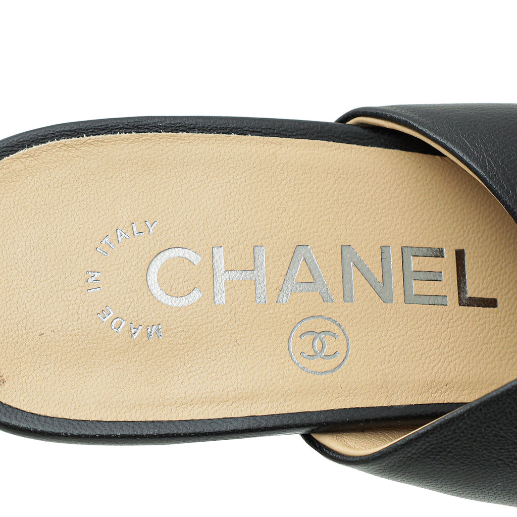 Chanel Black Pointed Cap Toe Mules 39.5