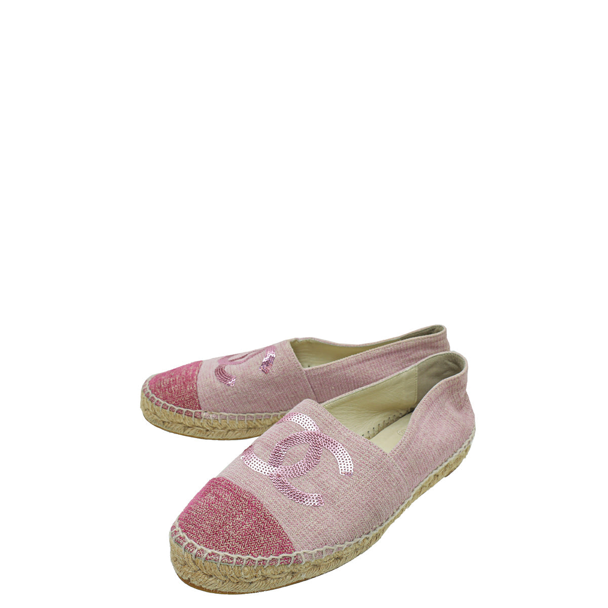 Chanel Pink CC Cap Toe Fabric and Sequins Espadrille 39