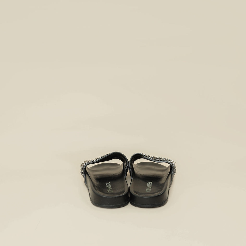 Chanel Metallic Blue Grey CC Charm Chain Slide Sandal 39