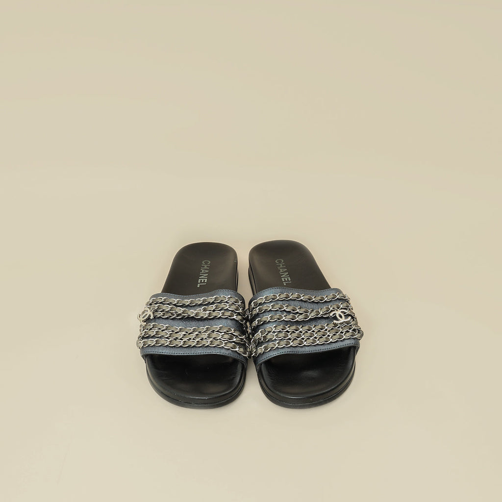 Chanel Metallic Blue Grey CC Charm Chain Slide Sandal 39