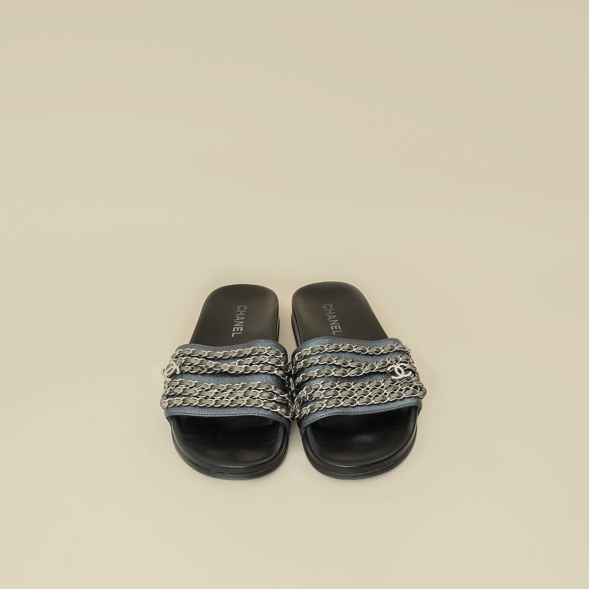 Chanel Metallic Blue Grey CC Charm Chain Slide Sandal 39