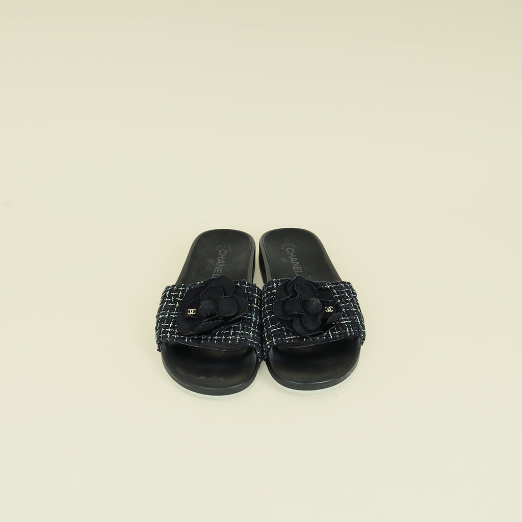 Chanel Black Camellia Mules