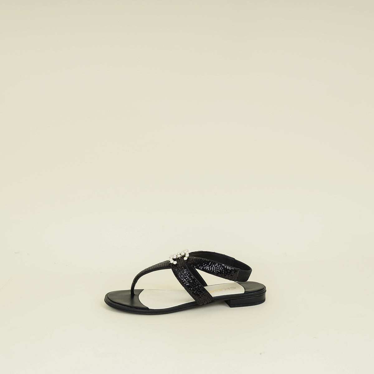 Chanel Black CC Pearl Sequins Thong Sandal 39