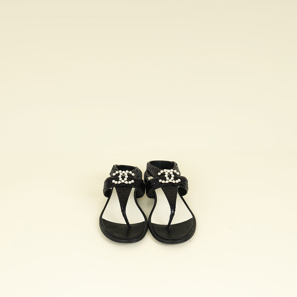 Chanel Black CC Pearl Sequins Thong Sandal 39