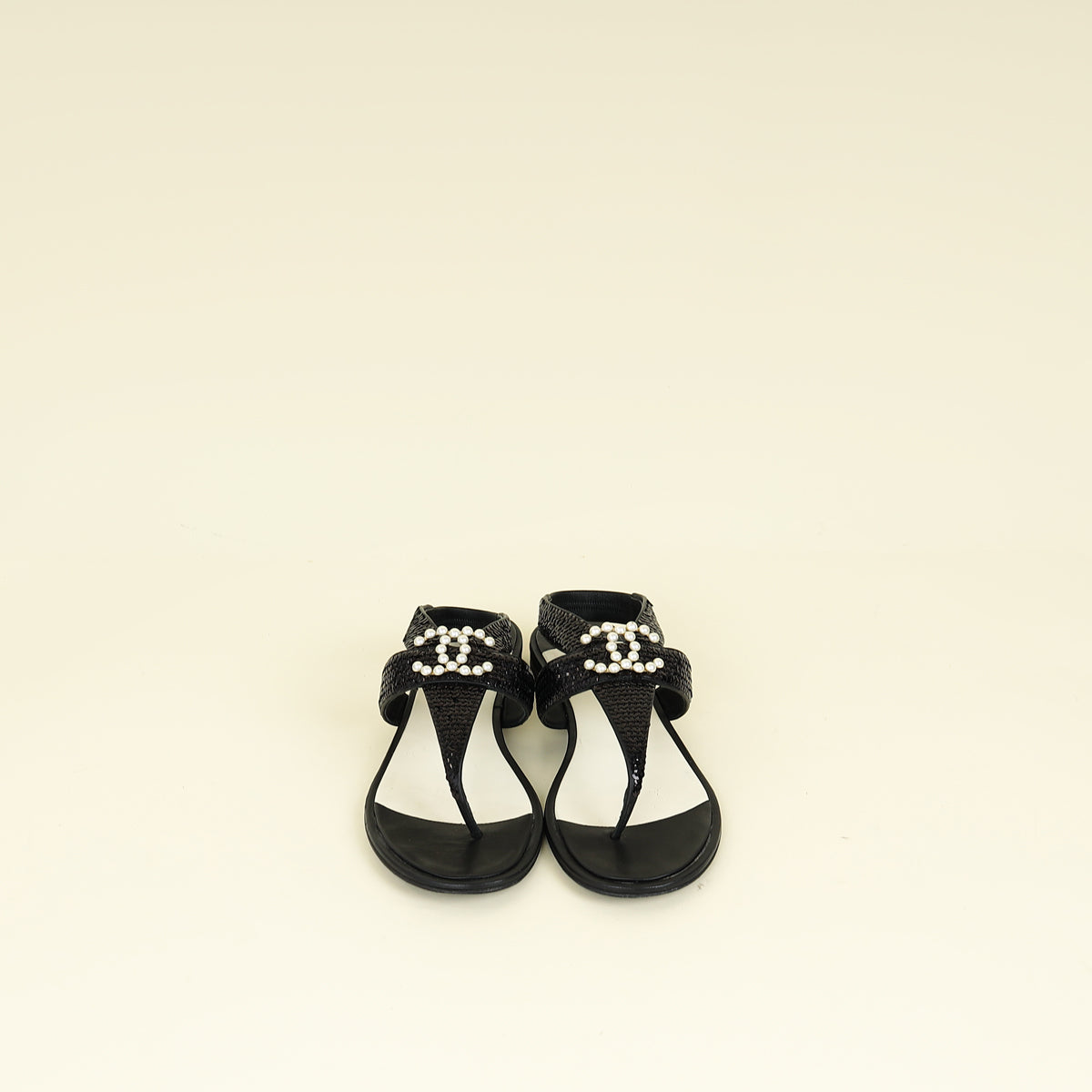 Chanel Black CC Pearl Sequins Thong Sandal 39