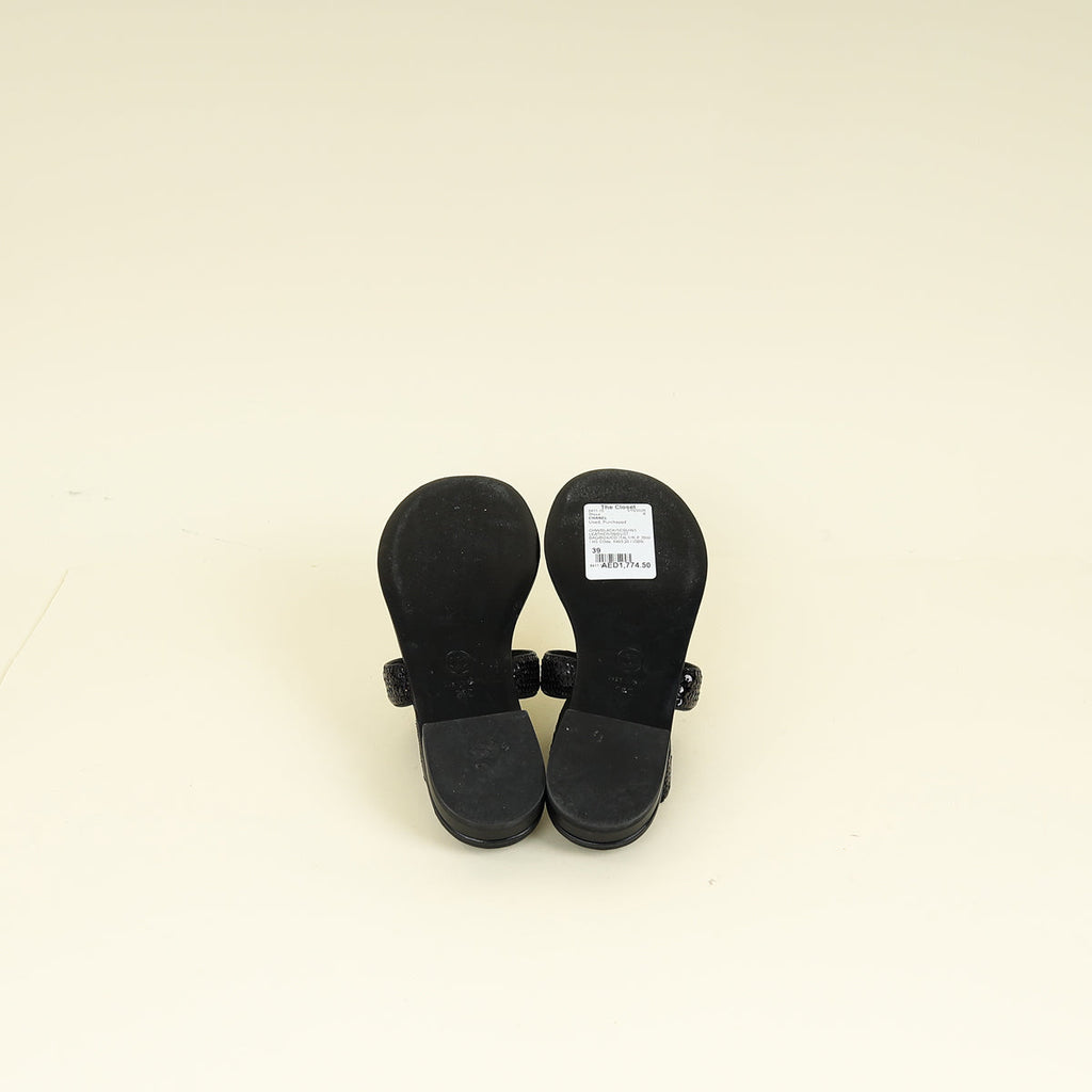 Chanel Black CC Pearl Sequins Thong Sandal 39