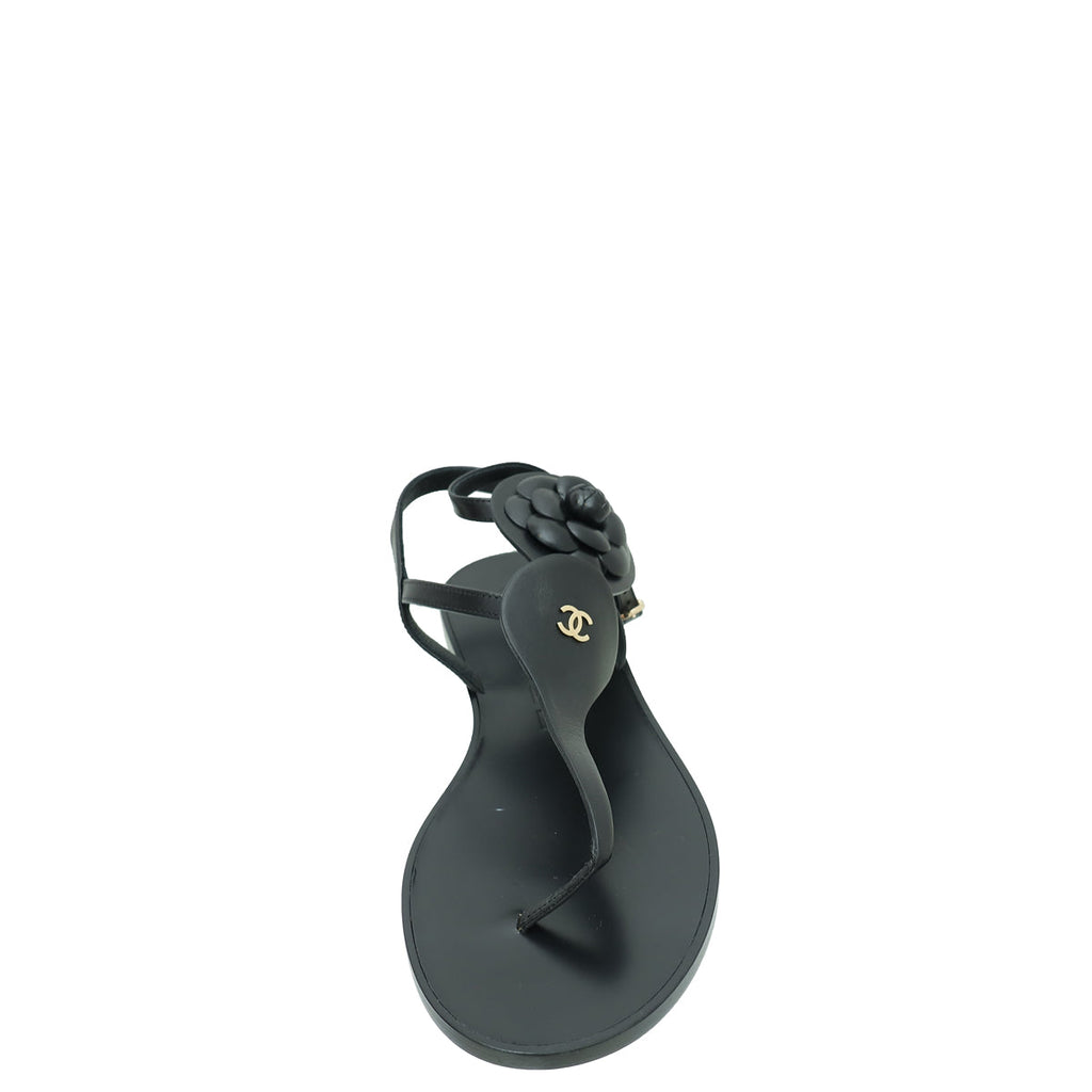 Chanel Black CC Camellia T- Ankle Strap Sandals 40.5