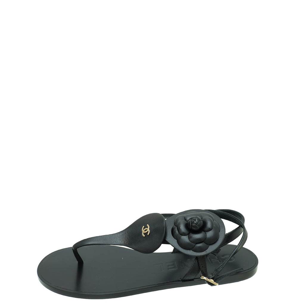 Chanel Black CC Camellia T- Ankle Strap Sandals 40.5