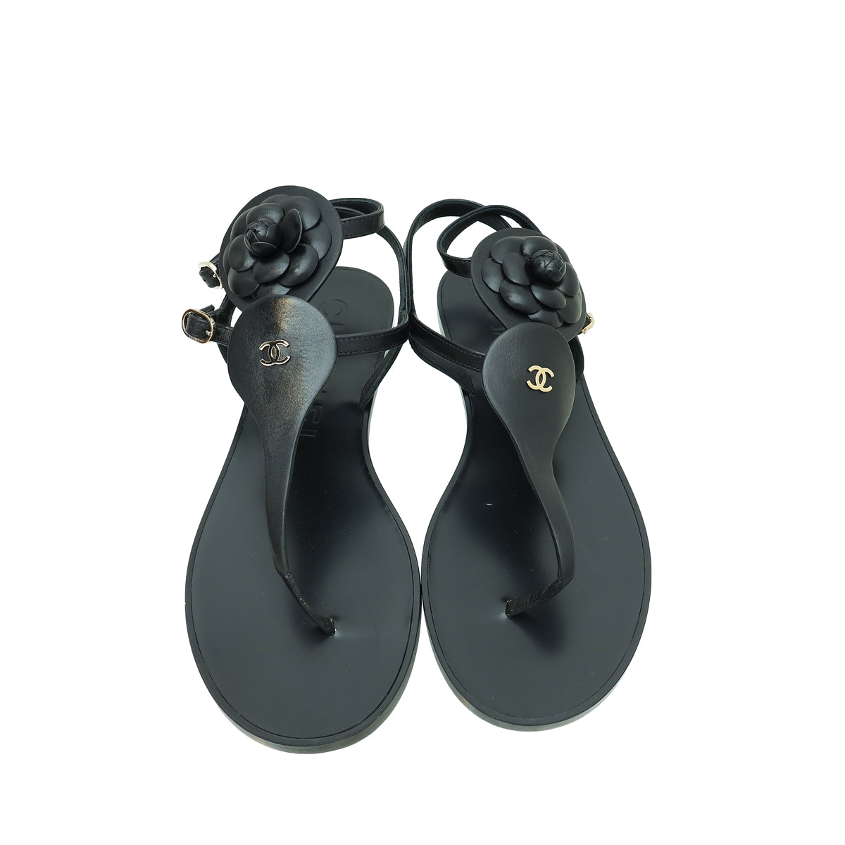Chanel Black CC Camellia T- Ankle Strap Sandals 40.5
