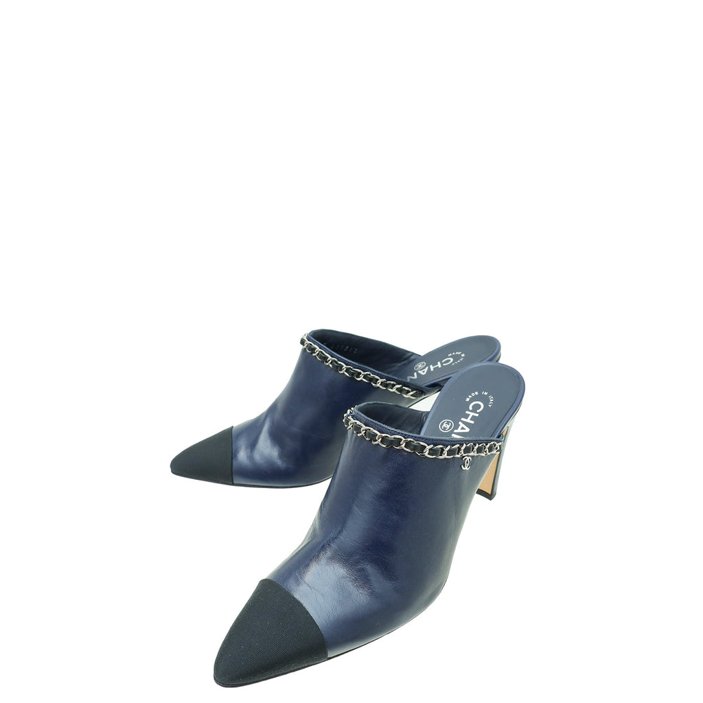 Chanel Bicolor Chain Detail Pointed Heeled Mules 40.5