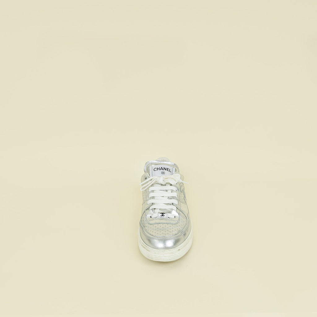 Chanel Metallic Silver CC Trainer Sneaker 40