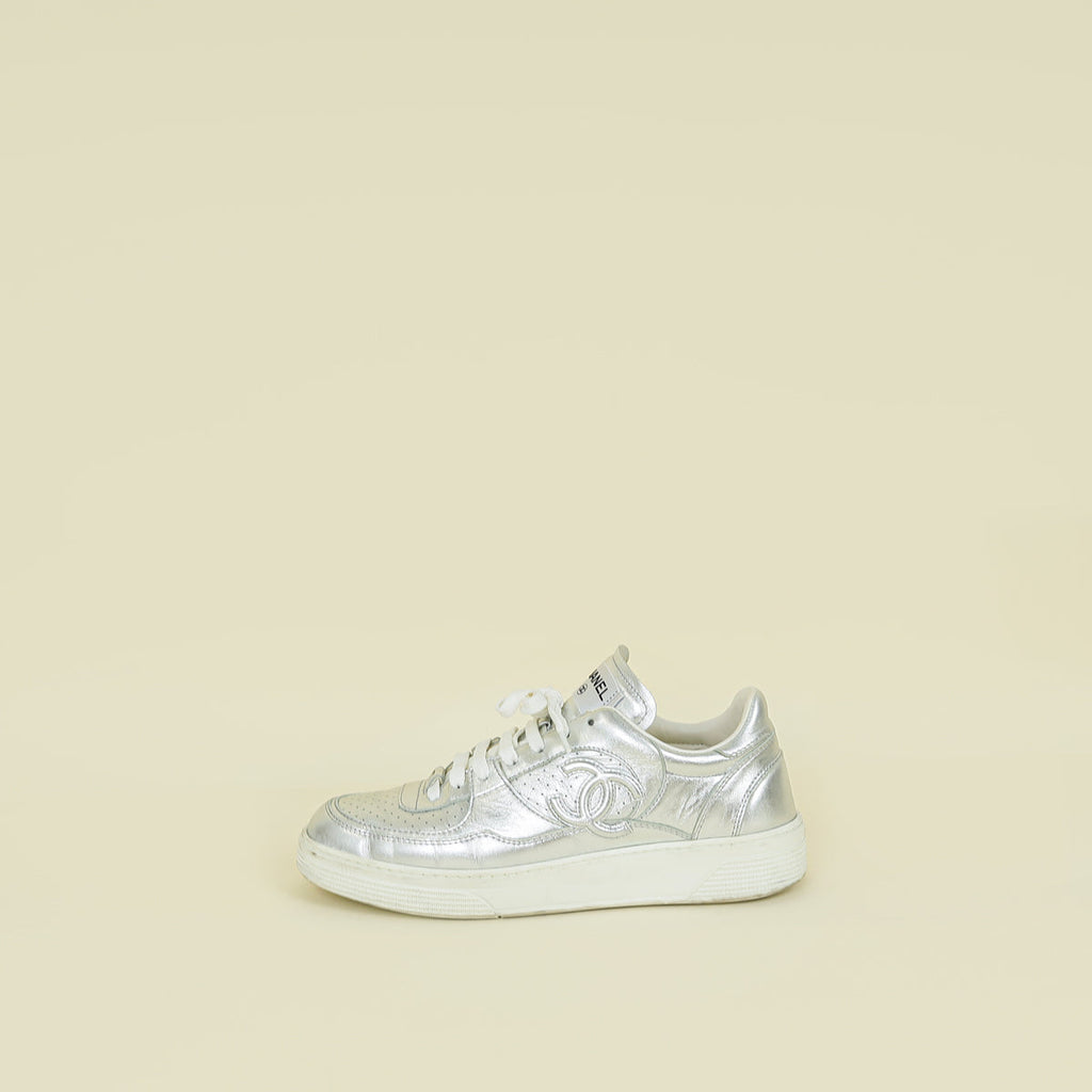 Chanel Metallic Silver CC Trainer Sneaker 40