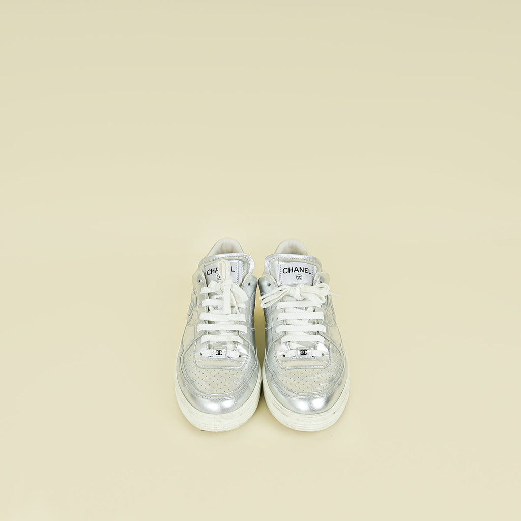Chanel Metallic Silver CC Trainer Sneaker 40