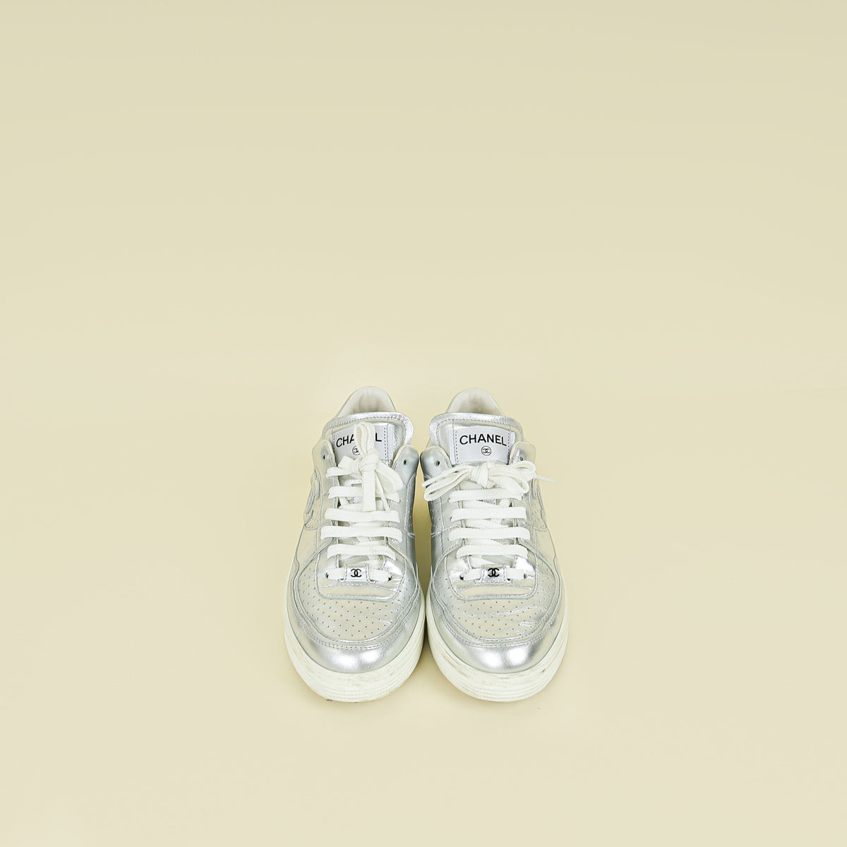 Chanel Metallic Silver CC Trainer Sneaker 40