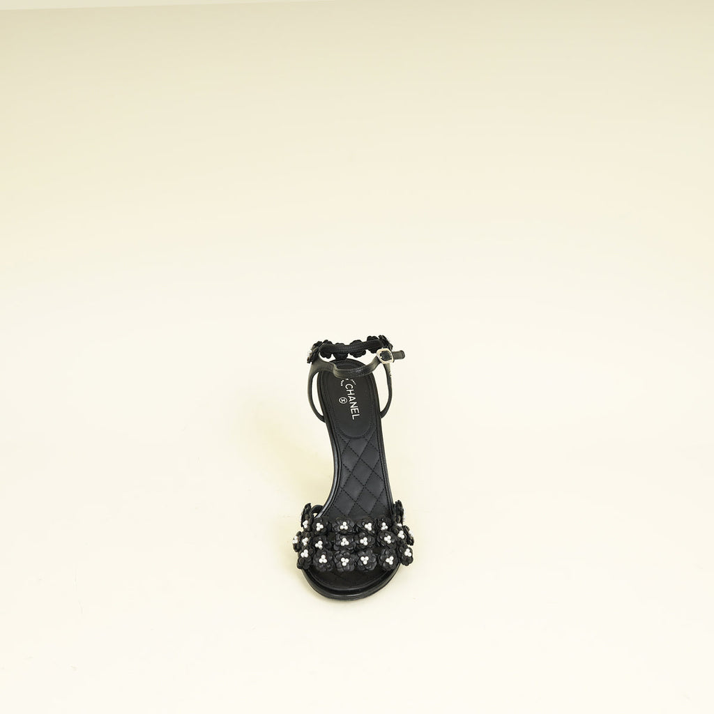 Chanel Black Camellia Flowers Pearl Embellished Slide Heel Sandal 40