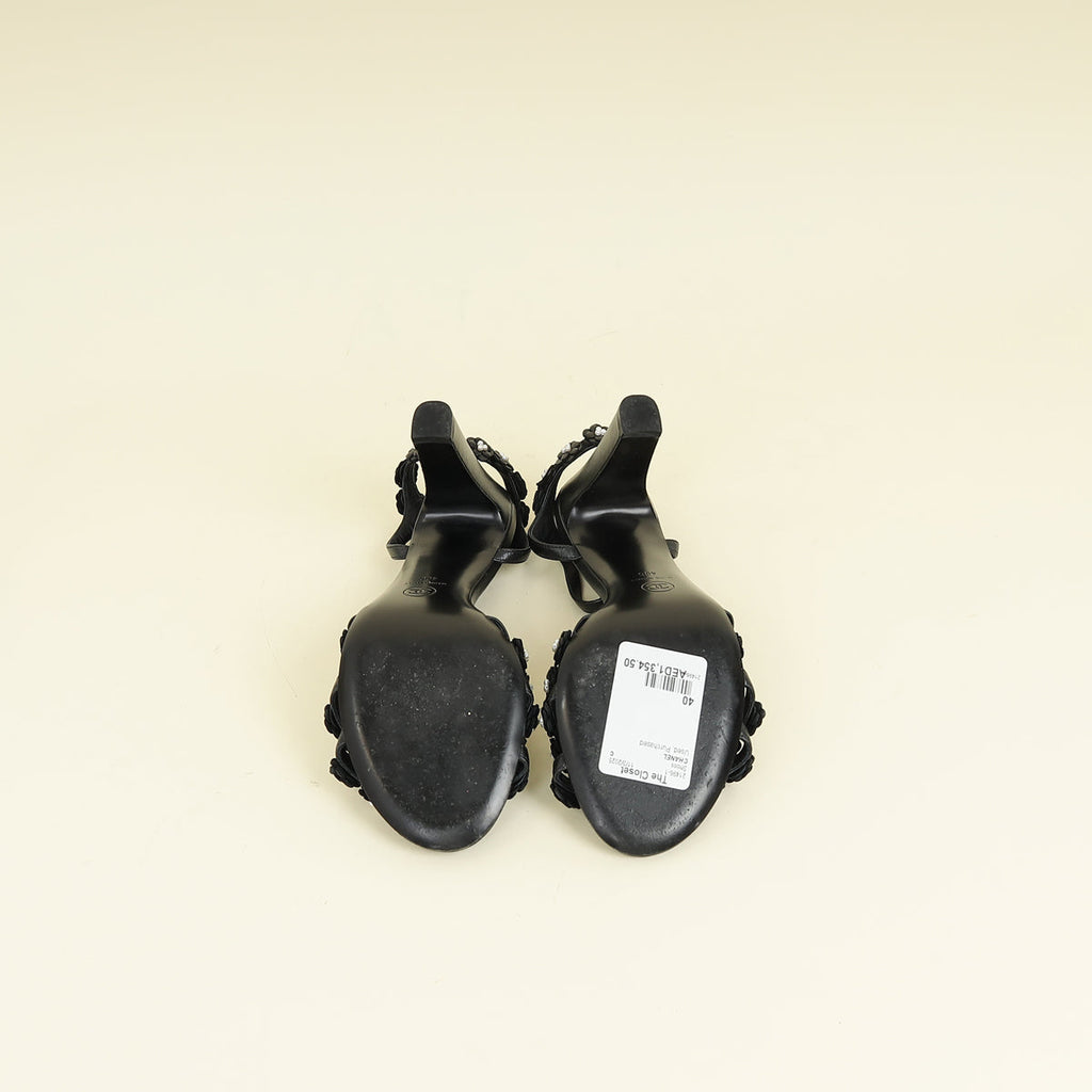 Chanel Black Camellia Flowers Pearl Embellished Slide Heel Sandal 40