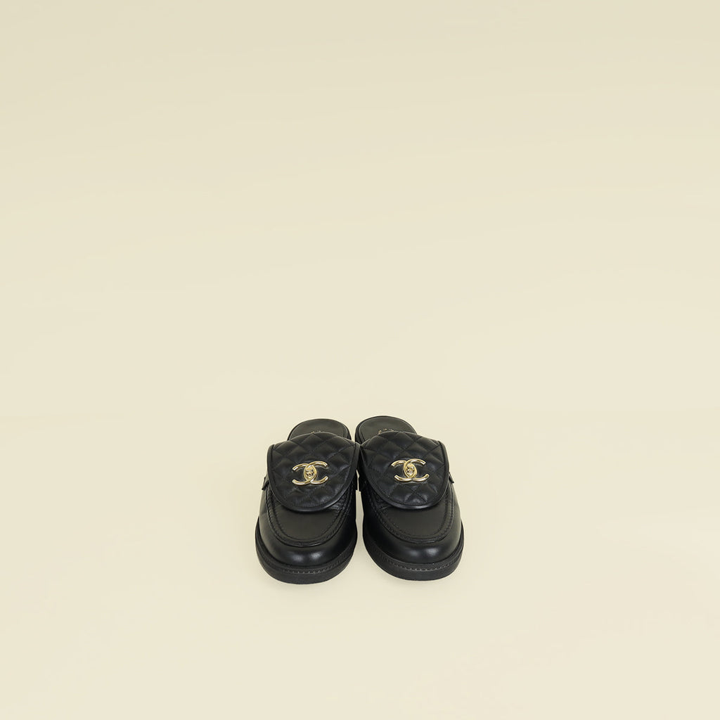 Chanel Black CC Quilted Turnlock Mules 40