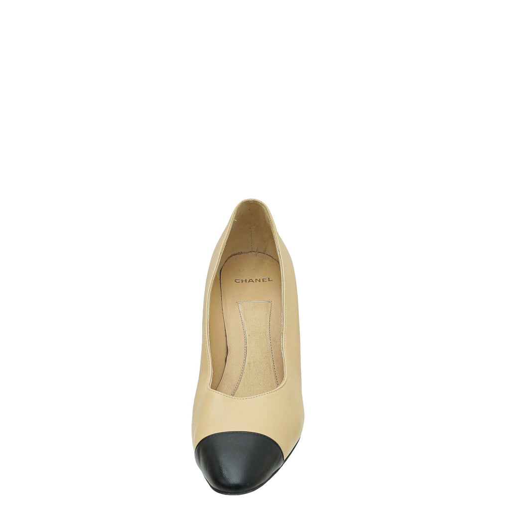 Chanel Leather Cap Toe CC Signature Metal and Pearl on Heel Pumps