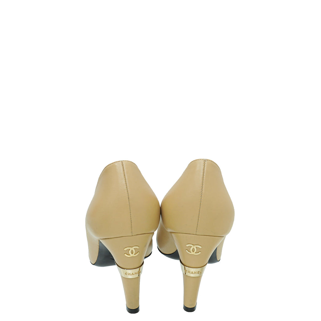 Chanel Leather Cap Toe CC Signature Metal and Pearl on Heel Pumps