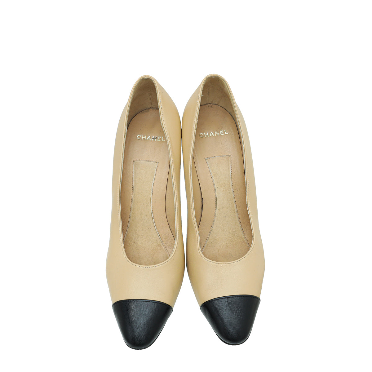 Chanel Leather Cap Toe CC Signature Metal and Pearl on Heel Pumps