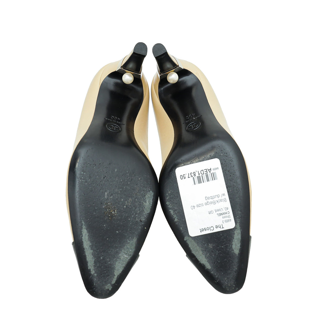 Chanel Leather Cap Toe CC Signature Metal and Pearl on Heel Pumps