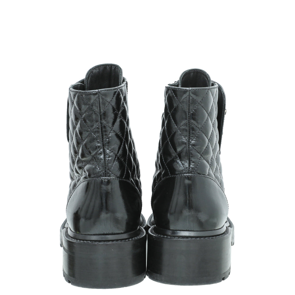 Chanel Black CC Shiny Lace Up Combat Boots 40.5