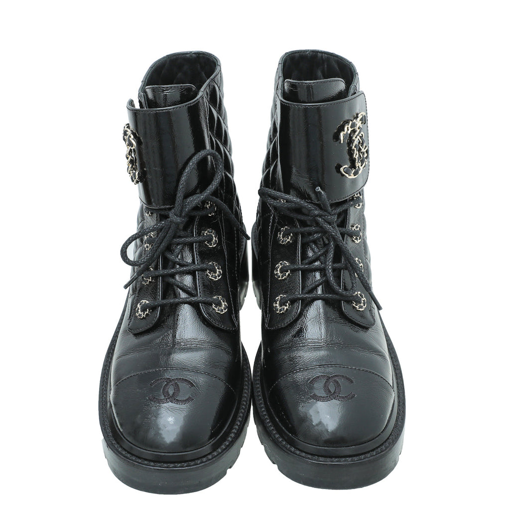 Chanel Black CC Shiny Lace Up Combat Boots 40.5