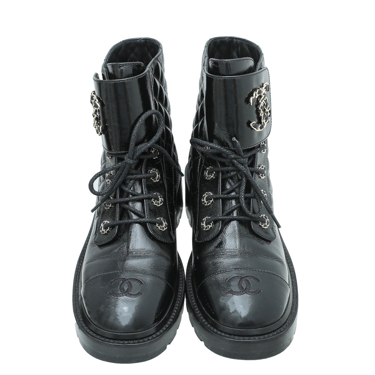 Chanel Black CC Shiny Lace Up Combat Boots 40.5