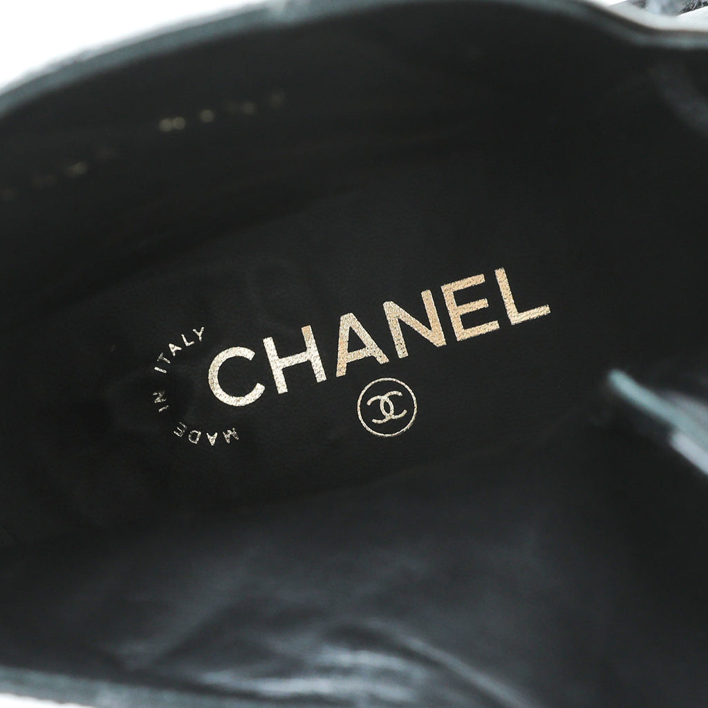Chanel Black CC Shiny Lace Up Combat Boots 40.5