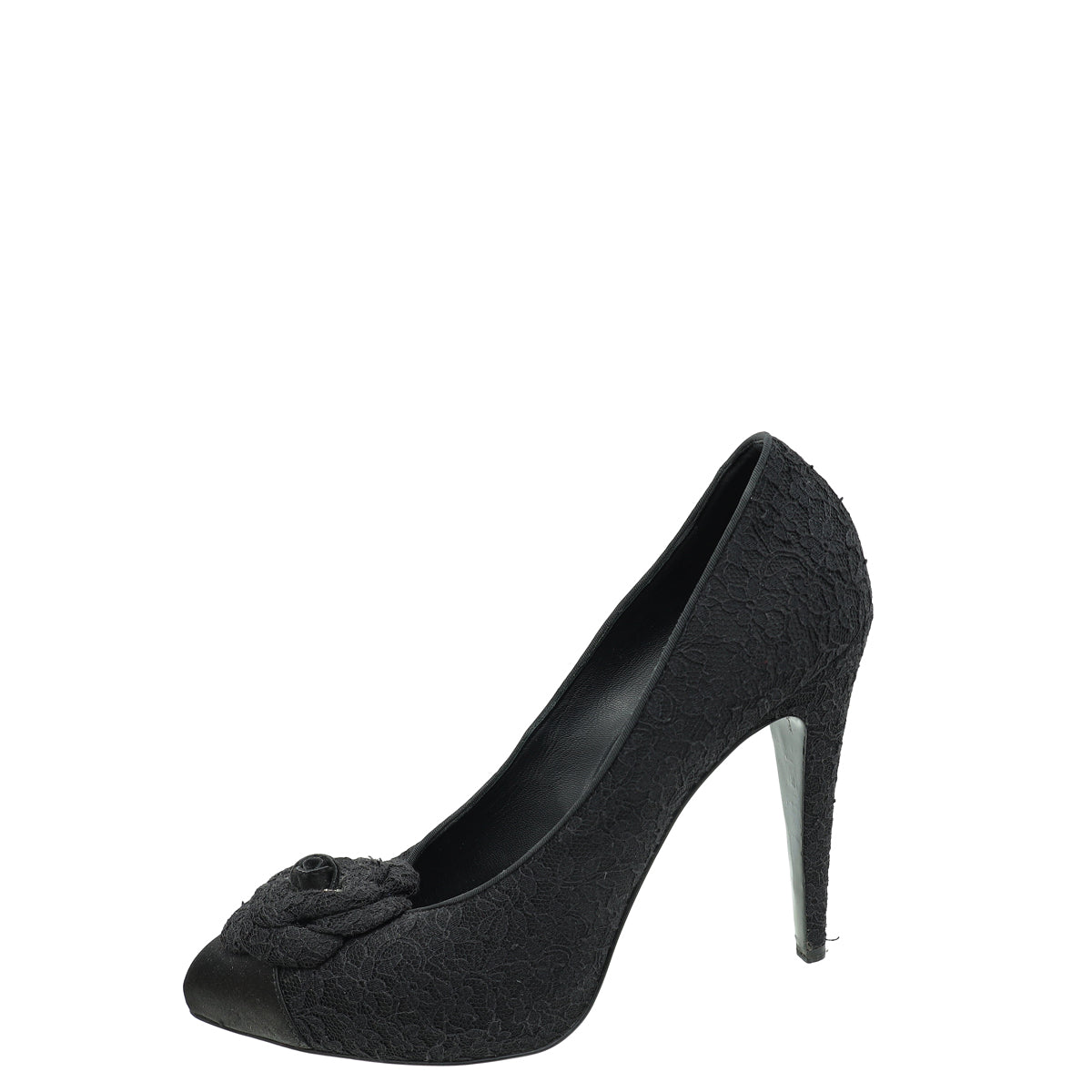 Chanel Black CC Cap Toe Camellia Flower Pointed Lace Pump 41
