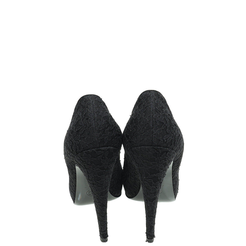 Chanel Black CC Cap Toe Camellia Flower Pointed Lace Pump 41