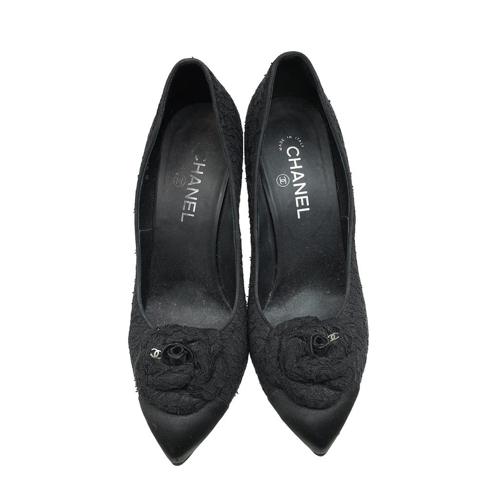 Chanel Black CC Cap Toe Camellia Flower Pointed Lace Pump 41