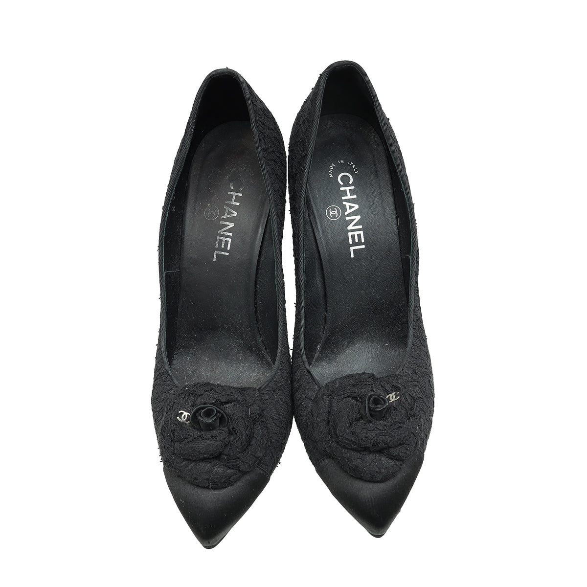 Chanel Black CC Cap Toe Camellia Flower Pointed Lace Pump 41