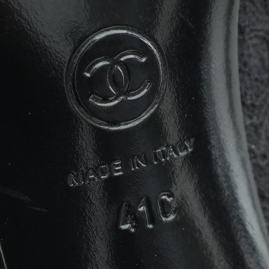 Chanel Black CC Cap Toe Camellia Flower Pointed Lace Pump 41